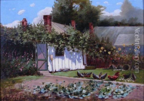 Backyard Garden With Chickens Oil Painting - Frank J. Girardin