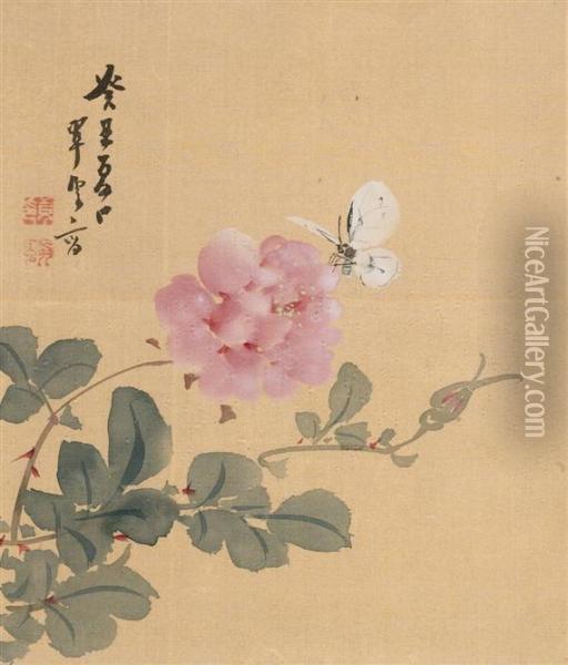 Schmetterling Und Rose Oil Painting - Suiun Komuro