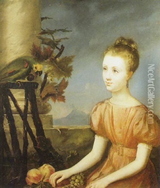 Portrait D'une Jeune Fille Avec Un Perroquet Oil Painting - Hortense Haudebourt Lescot