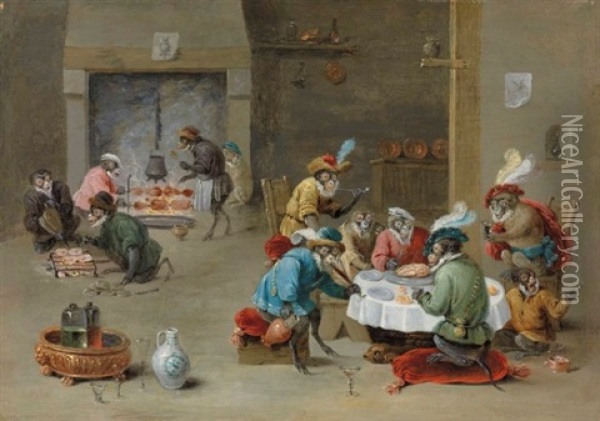 Monkeys Smoking, Drinking And Preparing A Meal In A Kitchen Oil Painting - Abraham Teniers
