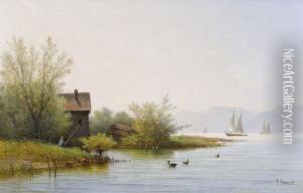 Sommerliche Uferpartie Am Genfersee Mit Angler Oil Painting - Louis Mennet