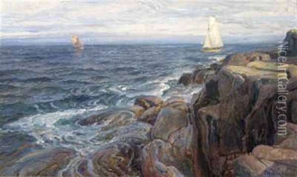 Seilbat Ved Kysten Oil Painting - Thorolf Holmboe