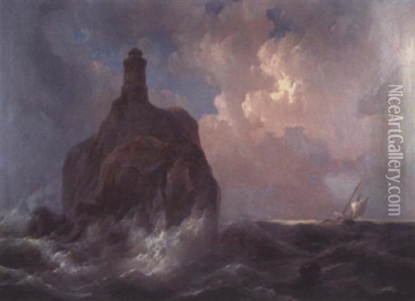 Stormy Seascape With Lighthouse Oil Painting - Hermann Rudolf Hardorff the Younger