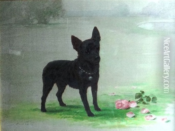 Study Of A Miniature Pinscher Cross Terrier Dog In A Garden Landscape Oil Painting - Maud Earl