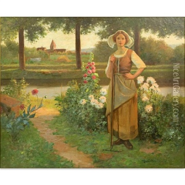 Maiden In Garden Oil Painting - Jean Beauduin