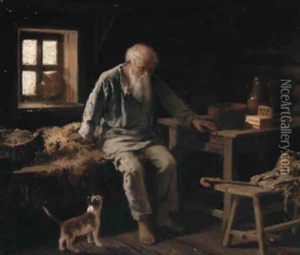 Old Man And His Cat Oil Painting - Ivan Andreievich Pelevin