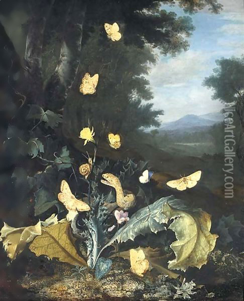 A forest floor still life with a snake, butterflies, a ladybird and a snail, a mountainous landscape beyond Oil Painting - Otto Marseus van Schrieck