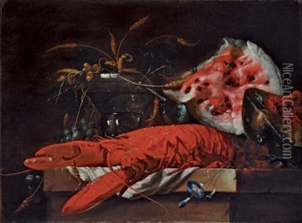 Still Life With A Lobster, A Watermelon, A Half-filled Roemer, Grapes And Wheat On A Table Oil Painting - Jan Davidsz De Heem