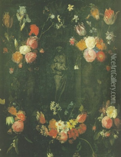 Viege A L'enfant Dans Une Niche Sculptee Entouree De Fleurs Oil Painting - Hieronymus Galle the Elder