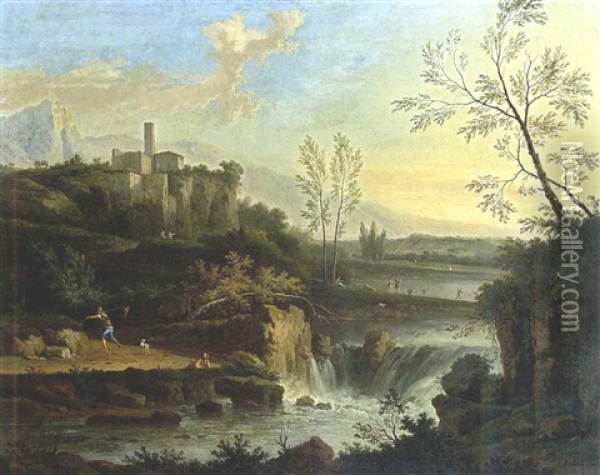 An Extensive Classical River Landscape With A Waterfall, And A Fisherman With A Dog On A Path, Other Figures Near The River Beyond, A Town On A Rocky Outcrop Beyond Oil Painting - Nicolas (Opgang) Piemont