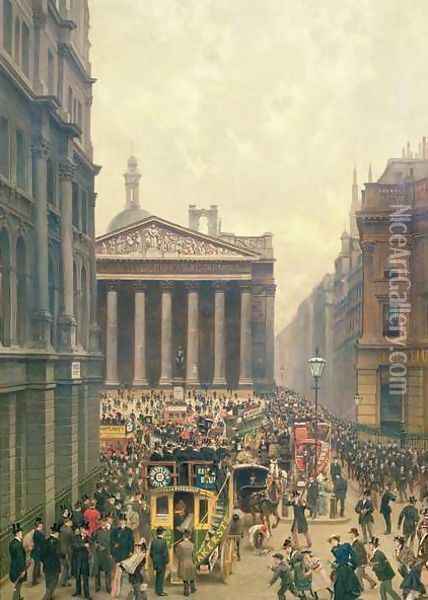 The Rush Hour by the Royal Exchange from Queen Victoria Street, 1904 Oil Painting - Alexander Friedrich Werner