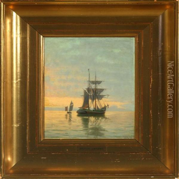 Seascape Withsailing Ships At Sunset Oil Painting - Carl Milton Jensen
