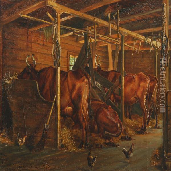Scenery From A Barn With Cows And Chickens Oil Painting - Agnes Lunn