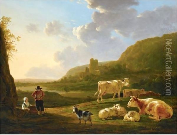 A Southern River Landscape With Shepherds Resting With Their Herd, A View Of A Ruin Beyond Oil Painting - Jacob van Strij
