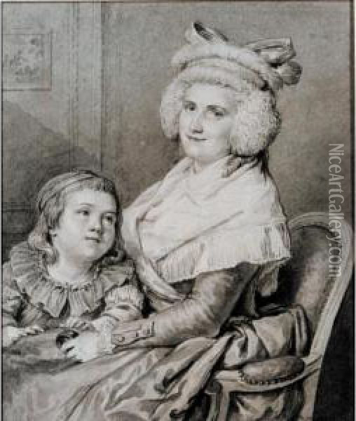 Portrait Of A Mother, Seated With Her Child In An Interior Oil Painting - Jean-Michel Moreau