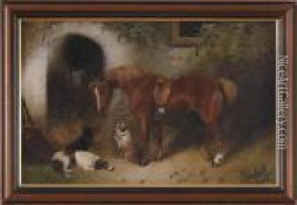 Horse With Three Dogs Oil Painting - George Armfield