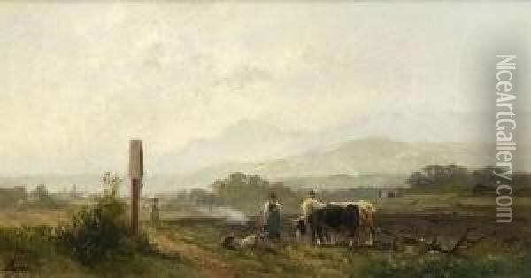 Bauern Bei Der Feldarbeit In
 Vorgebirgslandschaft. Oil Painting - Adolf Heinrich Lier