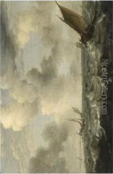 A Smalschip And Other Sailing Vessels On Stormy Waters Oil Painting - Simon De Vlieger