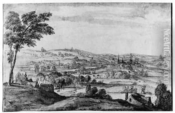 An extensive wooded hilly Landscape with a Monastery in the foreground, a town beyond Oil Painting - Lucas Van Uden