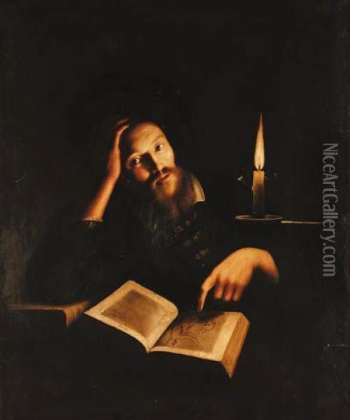 A Man With An Album Of Drawings By Candlelight, At A Table Oil Painting - Trophime Bigot