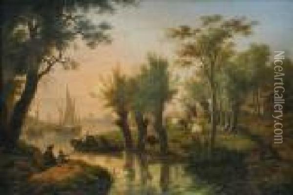 A River Landscape Atevening Oil Painting - Frans Swagers