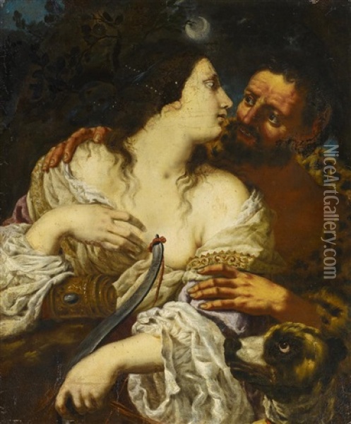 Diana Mit Einem Faun Oil Painting - Johann Carl Loth