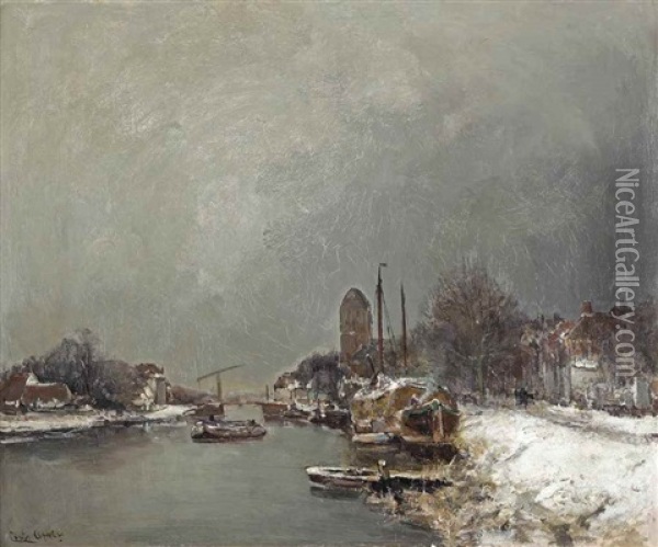 Moored Boats Along A Canal In Winter Oil Painting - Louis Apol