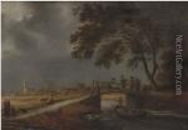 A Stormy Landscape With Travellers On A Bridge Oil Painting - Pieter De Molijn
