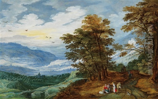 An Extensive Landscape With Travellers Oil Painting - Joos de Momper the Younger