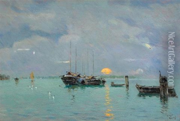 Sunset Oil Painting - Antonio Maria de Reyna Manescau