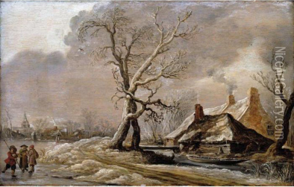 A Winter Landscape With Skaters On A Frozen Lake Oil Painting - Jan van Goyen