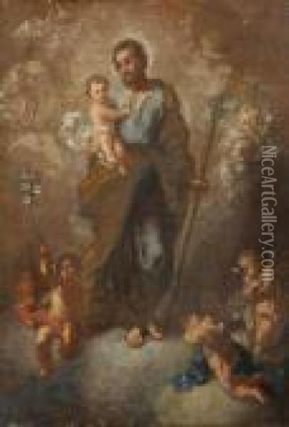 Saint Joseph And The Christ Child Surrounded By Putti Oil Painting - Bartolome Esteban Murillo