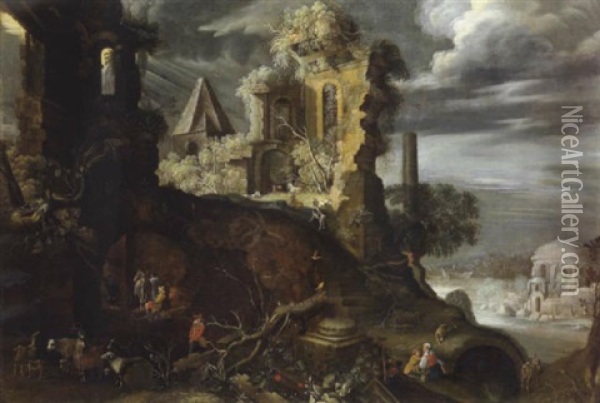 Phantastische Landschaft Mit Ruinen Figuren Und Tieren Oil Painting - Roelandt Savery