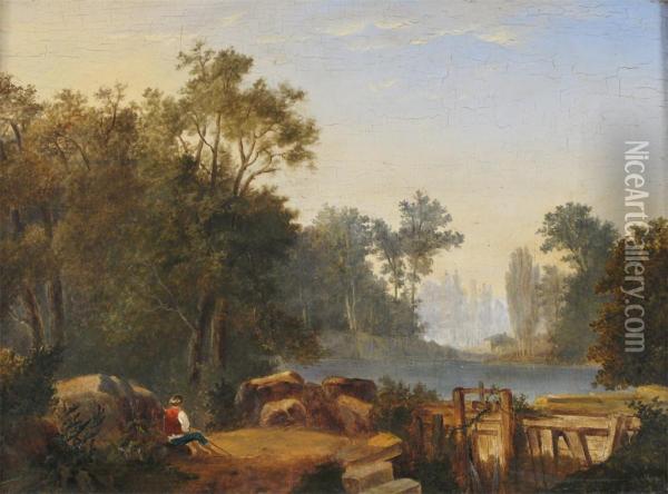 A Boy By A Lake Near A Sluice Oil Painting - A.A. Lieden