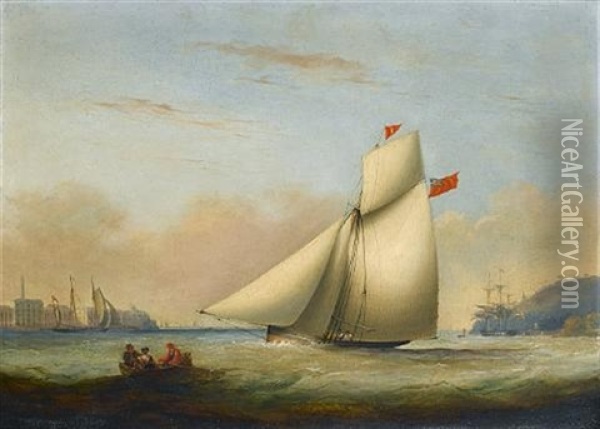 A Racing Cutter Under Full Sail Running Up The Hamoaze Past The Buildings Of The Royal William Victualling Yard At Stonehouse, Plymouth Oil Painting - Nicholas Matthew Condy