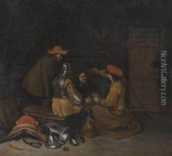 A Guardroom Interior With Four Figures Drinking And Playing Cards Oil Painting - Gerard Terborch