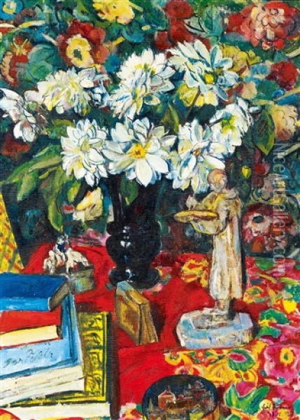 Blumenstillleben Mit Malerfigurchen Oil Painting - Erich Buettner