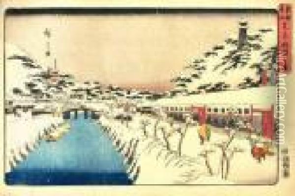 Le Pont Akabane A Shiba. Oil Painting - Utagawa or Ando Hiroshige