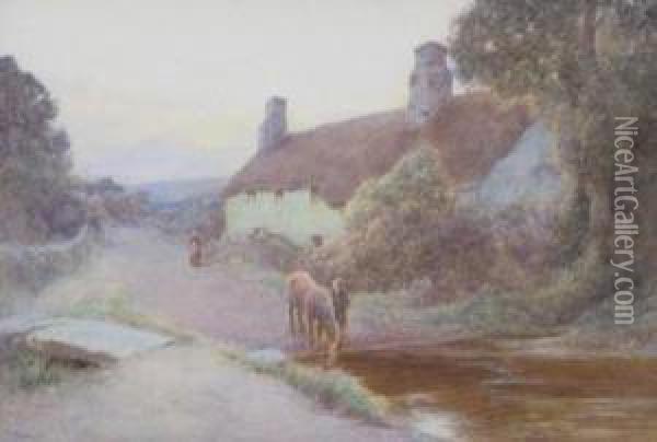 A Horse Watering At A Ford By A Cottage Oil Painting - John White
