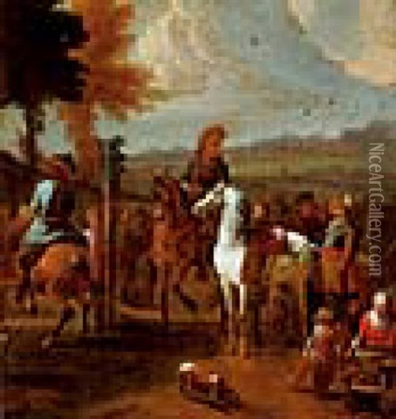 Eine Reitschule Mit Pferden Und Figuren In Einer Landschaft Oil Painting - Pieter van Bloemen