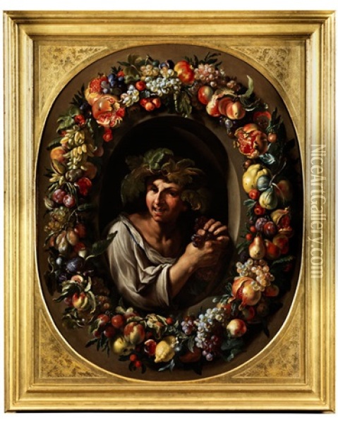 Bacchantenjungling Mit Weintrauben Umgeben Von Einem Fruchtkranz Oil Painting - Michelangelo Cerquozzi