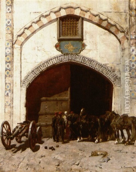 Soldiers At The Entrance To A Fort Oil Painting - Alberto Pasini