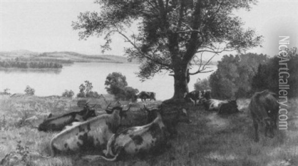 Cattle Reposing, Lake Memphremagog Oil Painting - Thomas Mower Martin