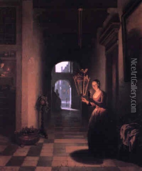 Lighting The Lamp Oil Painting - Hubertus van Hove