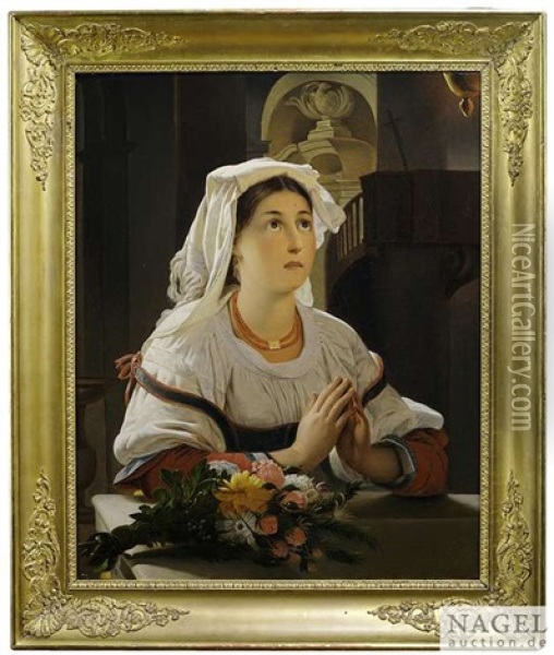 A Roman Woman In Prayer Oil Painting - Jean Baptist Lodewyck (Maes-Canini) Maes