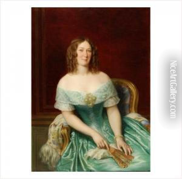 Jeune Femme Aux Anglaises Et Robe Decolletee Verte Oil Painting - Louis Francois Pros. Roux