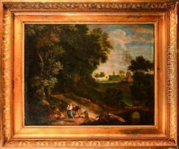 Paysage Au Pont, Berger Et Promeneurs Oil Painting - Cornelis Huysmans