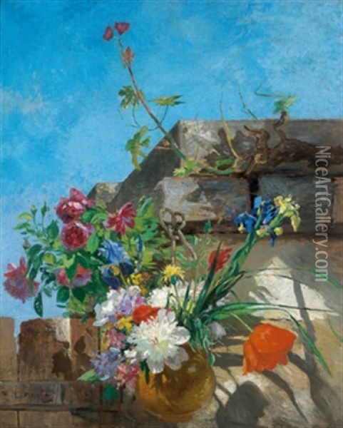 Ein Topf Mit Sommerblumen Oil Painting - Eugene Petit