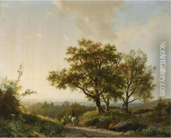 Travellers And A Shepherd In An Extensive Landscape Near Nijmegen Oil Painting - Barend Cornelis Koekkoek