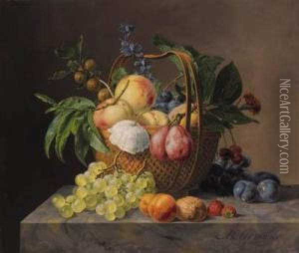 Grapes, Apples, Cherries, A 
Quince, Gooseberries, Plums, A Poppyand Other Flowers In A Basket, And A
 Walnut, Strawberries, Amarigold, Plums, Apricots And Grapes On A Marble
 Ledge Oil Painting - Anthony Oberman